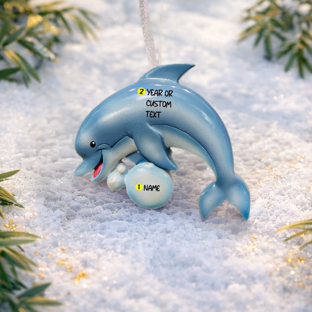 Personalized dolphin Christmas ornament with custom name and year, cute ocean themed holiday tree decoration