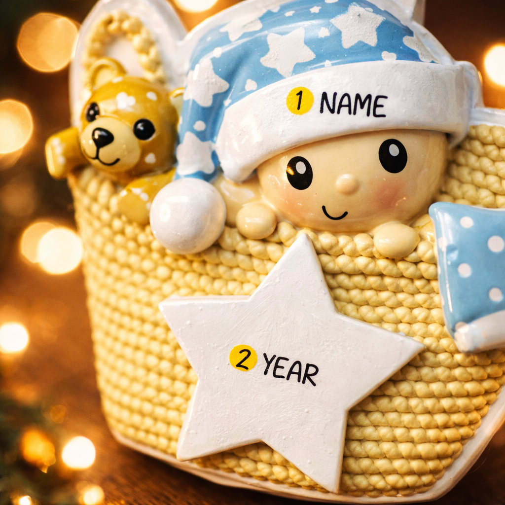 Personalized Baby First Christmas Ornament featuring a sweet newborn tucked inside a cozy woven basket with a soft blue star hat and matching blanket. This 3D front design includes raised details, textured knit pattern, and adorable teddy bear accent, creating depth and charm. Name is displayed on the hat and year on the star. A heartfelt keepsake for baby’s first holiday, nursery decor, or newborn gift. Perfect Christmas tree ornament for new parents.