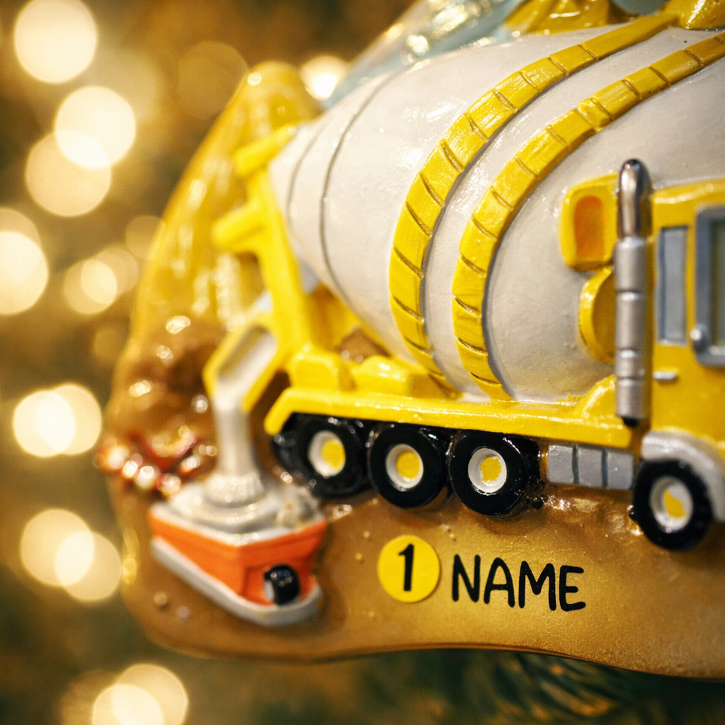 Personalized concrete mixer truck ornament for kids. Bright yellow cement truck Christmas decoration with custom name and year. Fun construction theme holiday decor for boys who love trucks, building toys, machinery and vehicles.