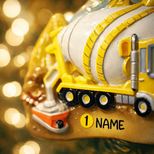Personalized concrete mixer truck ornament for kids. Bright yellow cement truck Christmas decoration with custom name and year. Fun construction theme holiday decor for boys who love trucks, building toys, machinery and vehicles.