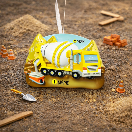 Personalized concrete mixer truck ornament for kids. Bright yellow cement truck Christmas decoration with custom name and year. Fun construction theme holiday decor for boys who love trucks, building toys, machinery and vehicles.
