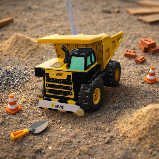 Personalized dump truck Christmas ornament with 3D front detail and custom name and year, construction vehicle holiday tree decoration