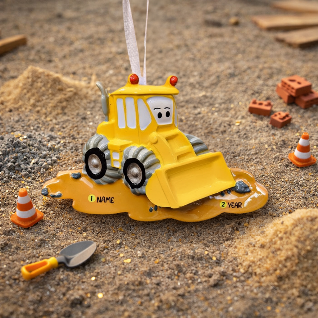 Toy bulldozer ornament with a face on a sandy surface with toy traffic cones and tools.