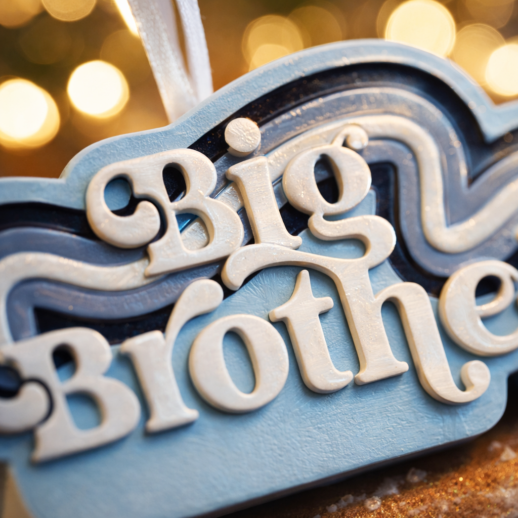 Personalized Big Brother Christmas ornament with custom name and year detail in layered blue and white design. This sibling holiday ornament features raised 3D front lettering and a lightweight flat back, perfect for Christmas tree decor. 
