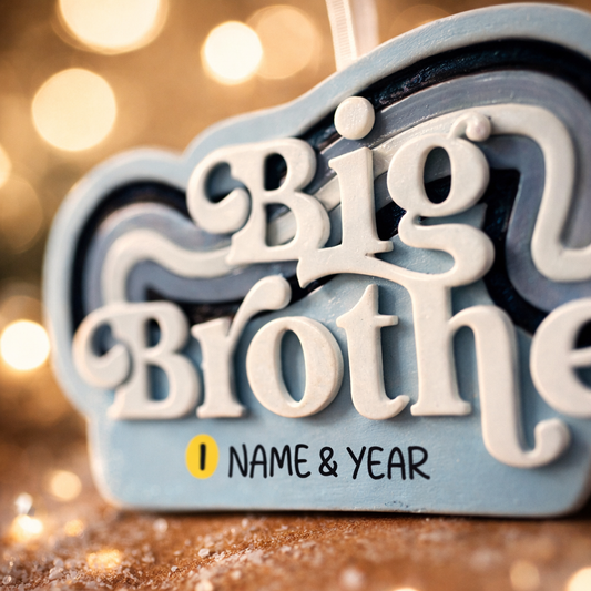 Personalized Big Brother Christmas ornament with custom name and year detail in layered blue and white design. This sibling holiday ornament features raised 3D front lettering and a lightweight flat back, perfect for Christmas tree decor. 