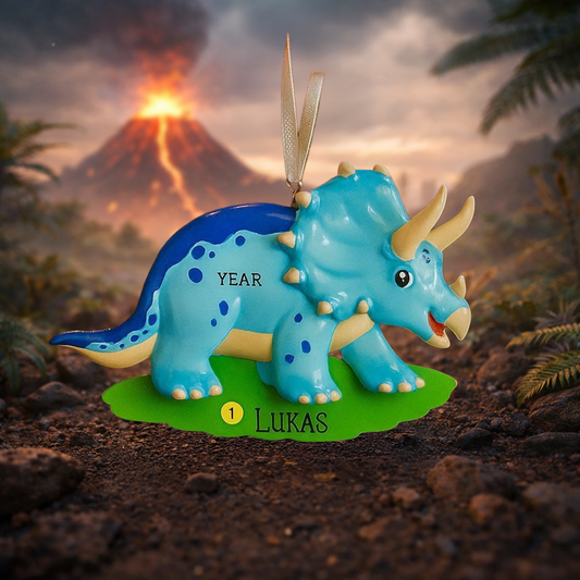 Blue Triceratops Personalized  Ornament | Custom Dinosaur Christmas Gift for Kids | Prehistoric Holiday Decoration