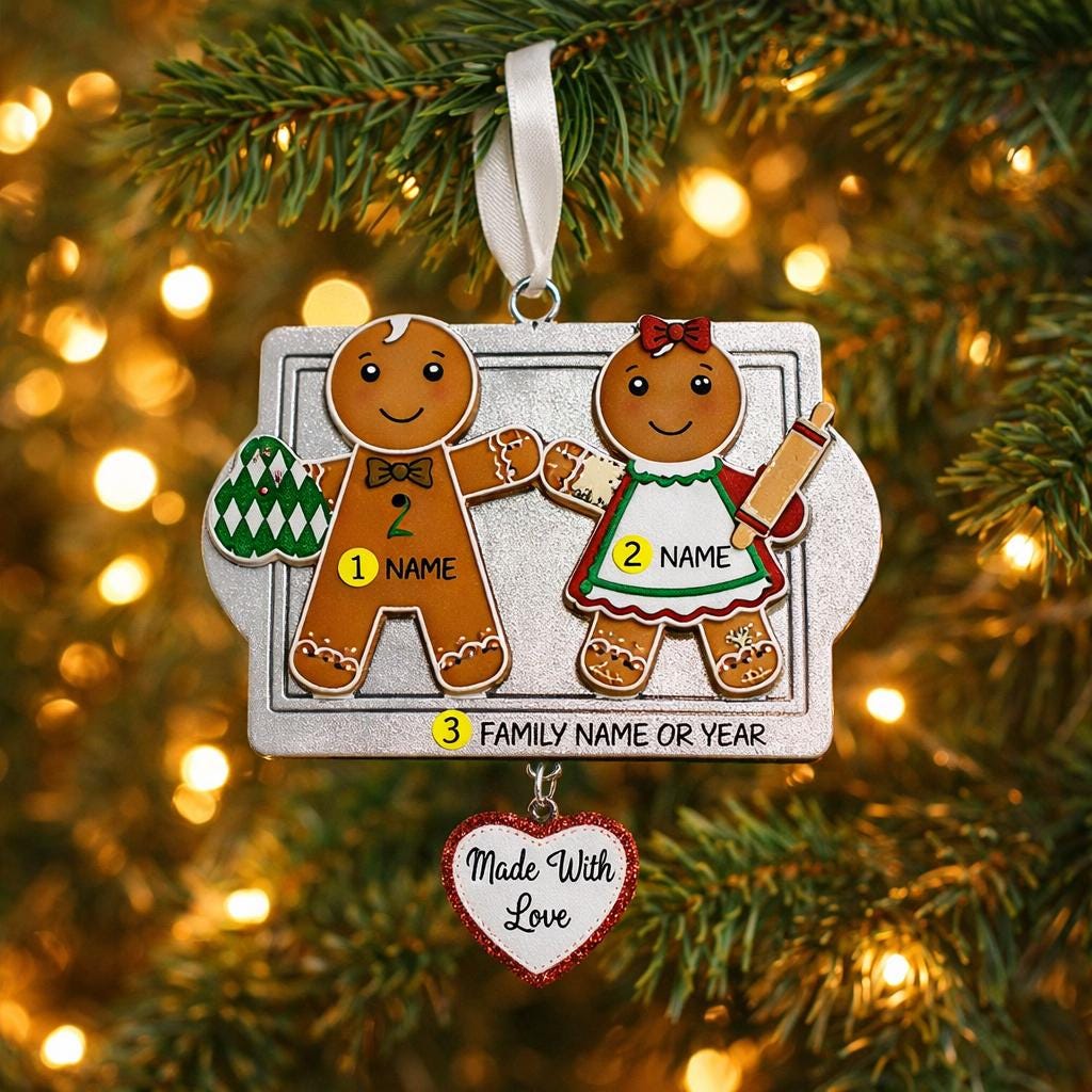 Decorative Christmas ornament with gingerbread people on a tree