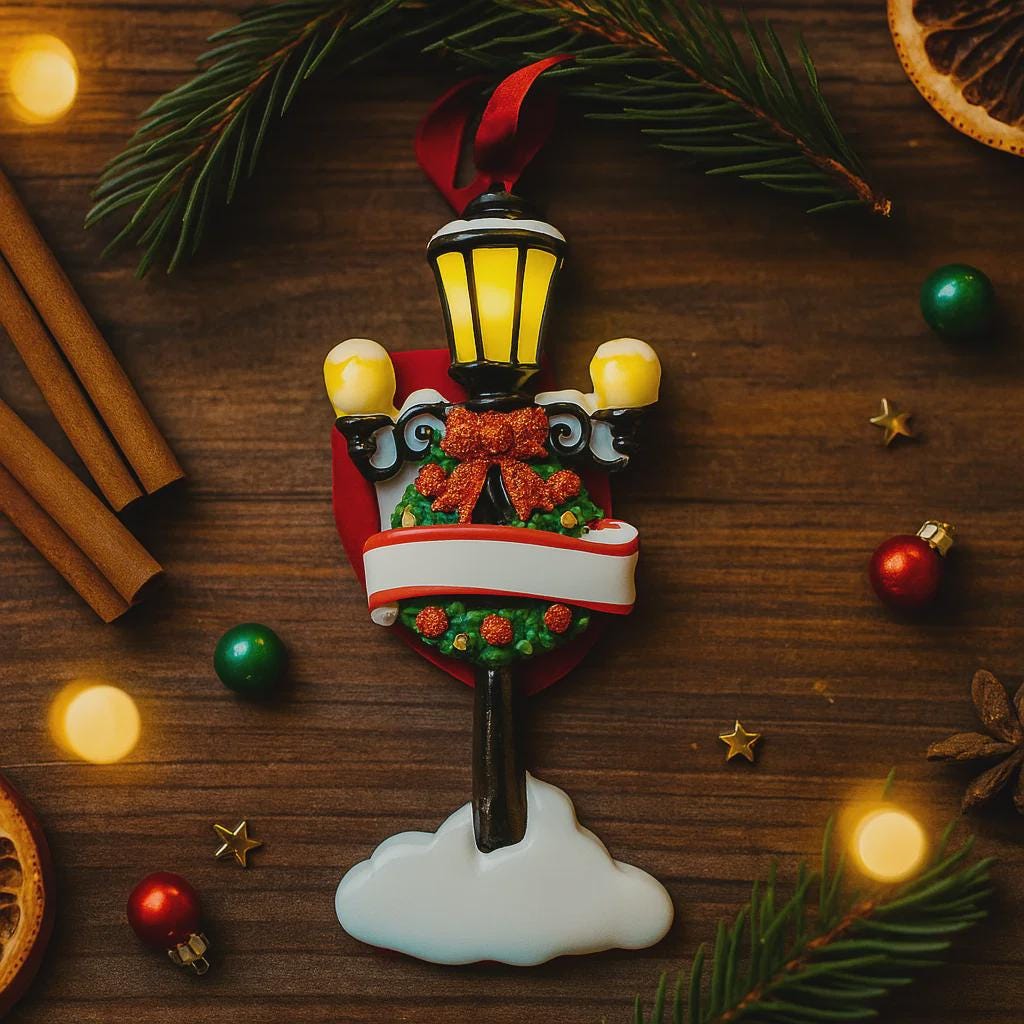 Decorative Christmas ornament resembling a street lamp with festive elements on a wooden surface.