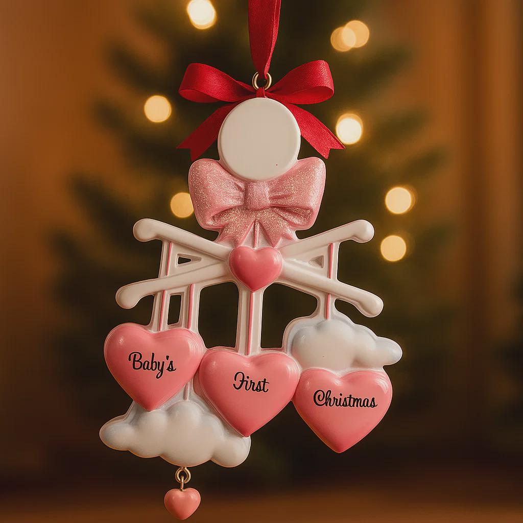 Personalized Baby Girl First Christmas Ornament featuring a dimensional 3D front design with pink glitter bow, heart charms, and hanging cloud detail. The baby’s name is added on the top circle and the year on the cloud, creating a meaningful keepsake. Soft pink tones, layered hearts reading Baby’s First Christmas, and festive holiday accents make it perfect for newborn girl gifts, baby shower presents, and treasured Christmas tree memories.