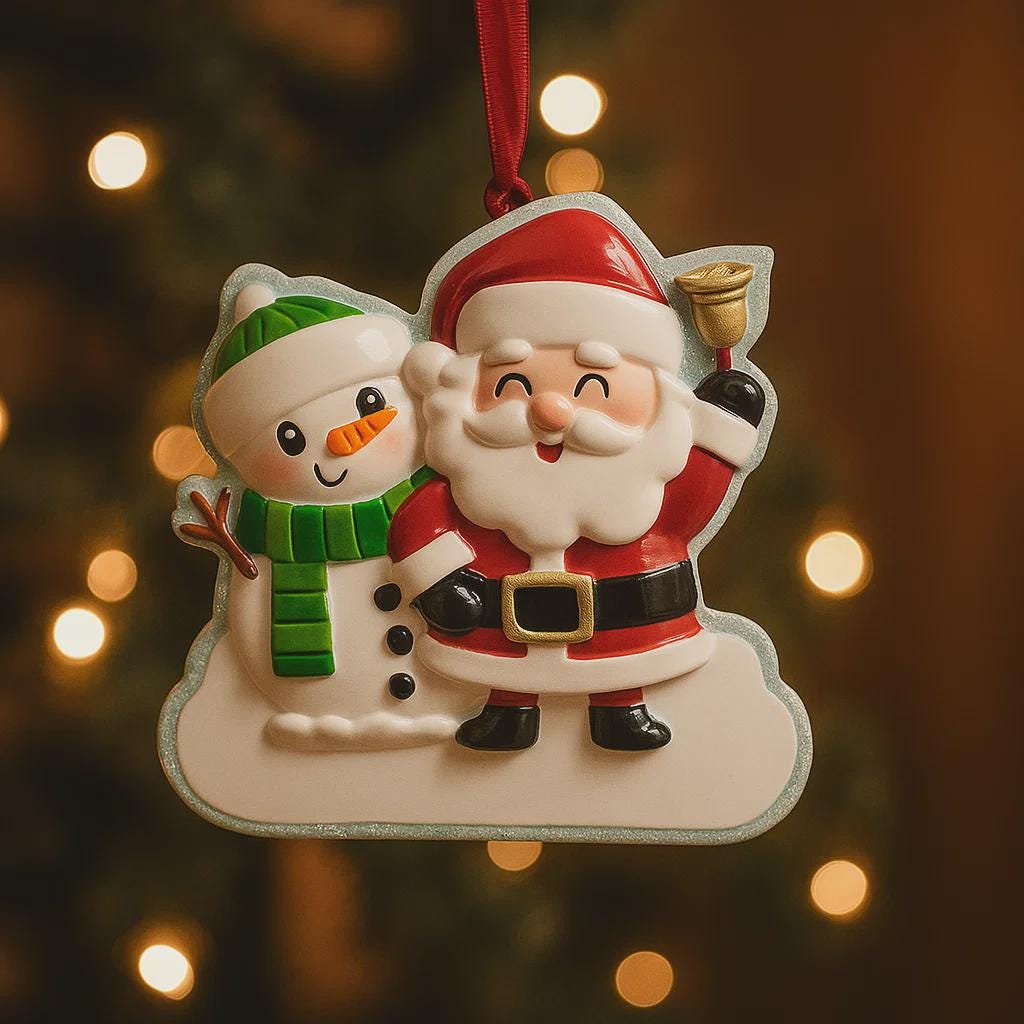 Personalized Santa and snowman ornament featuring a classic Christmas design with Santa holding a bell and a smiling snowman standing beside him. The ornament includes custom name and year personalization on the figures and base. Finished with a smooth glossy surface and detailed 3D front, it is designed for easy hanging on a Christmas tree. Perfect for festive holiday decor, family keepsakes, and seasonal gift giving.