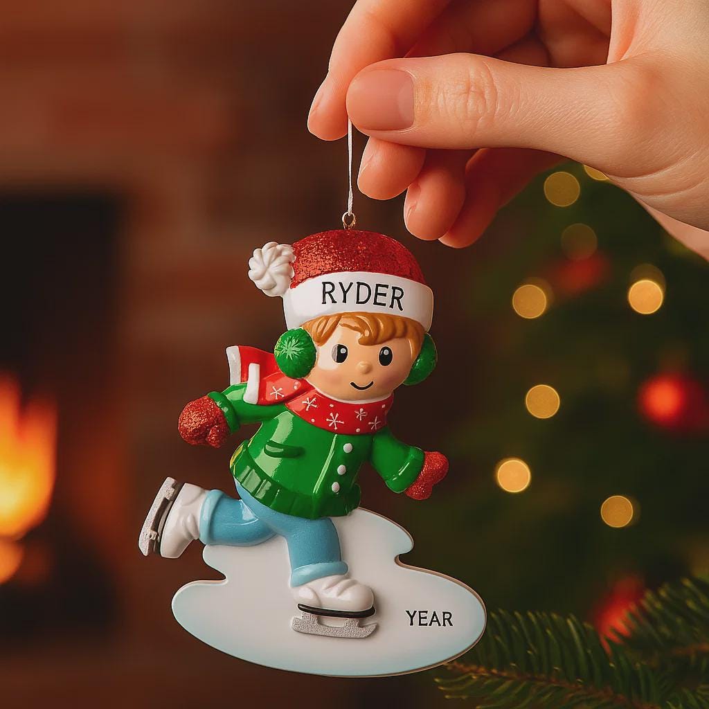 This personalized ice skating boy ornament features a cheerful winter skater wearing festive holiday clothing and gliding across an icy base. The design includes a custom name on the hat and a year displayed on the base, making it a perfect keepsake for celebrating winter memories, first Christmas moments, or a child’s love for ice skating and winter sports.
