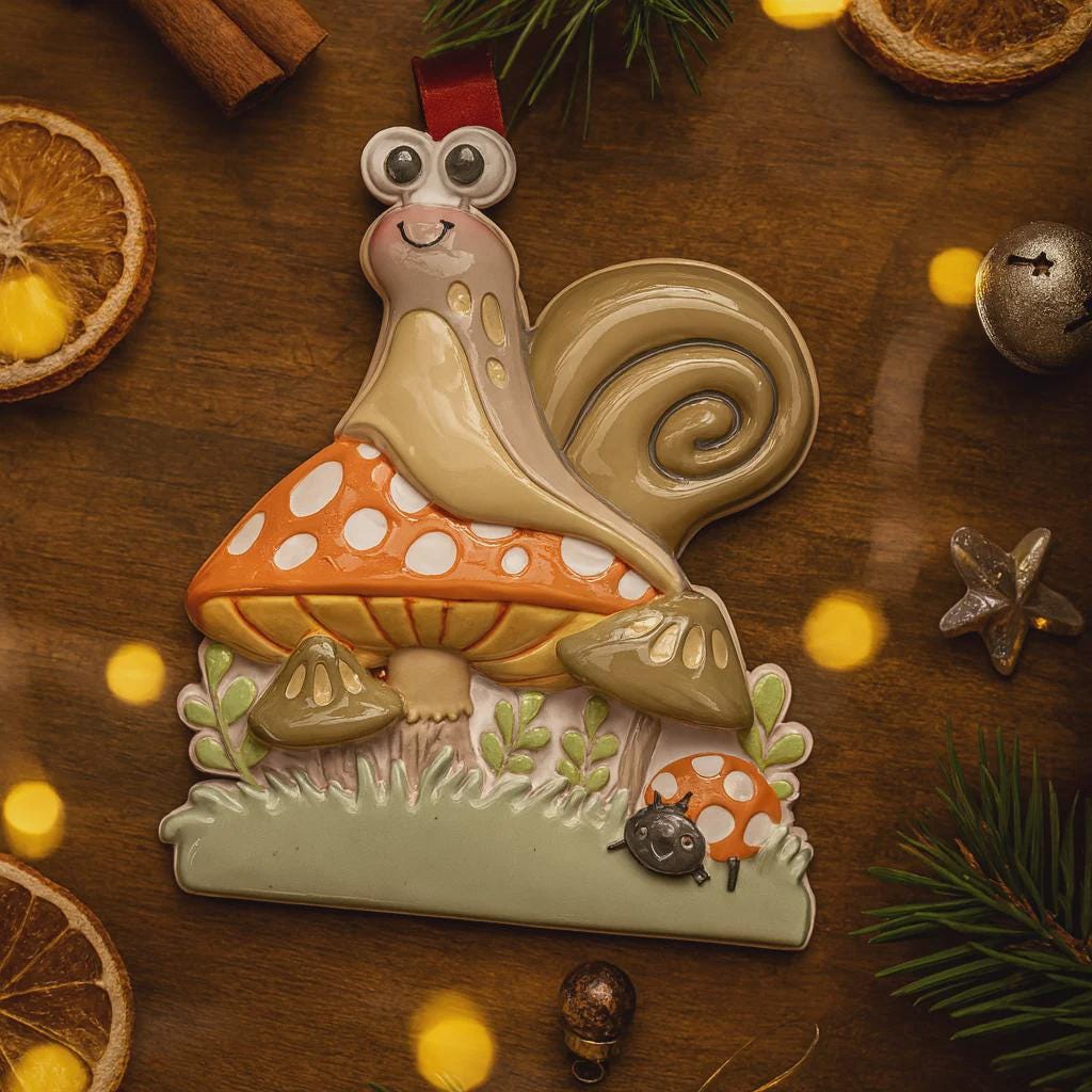 Personalized Snail & Mushroom Ornament | Custom Name Woodland Keepsake