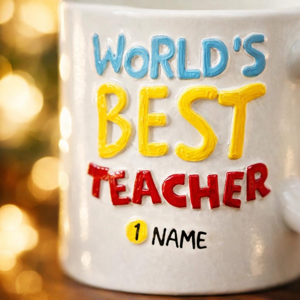 Personalized teacher ornament designed as a white mug filled with classroom tools including scissors ruler pencil and marker. The front reads Worlds Best Teacher with custom name personalization. Mostly 2D design with raised 3D tool details. A perfect Christmas ornament gift for teachers educators and school staff.