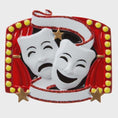 Load image into Gallery viewer, Decorative ornament with theater masks and red frame on a white background
