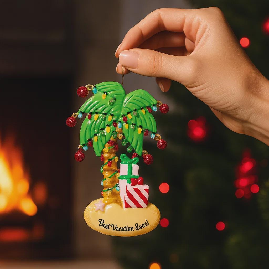Hand holding a palm tree Christmas ornament with lights and presents against a warm, blurred background.
