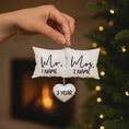 Load image into Gallery viewer, Personalized Mr and Mrs pillow ornament featuring a soft white cushion design with hanging heart detail. A romantic keepsake for newlyweds celebrating their first Christmas married or Valentine’s Day. Perfect wedding gift anniversary decor and couple ornament.
