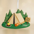Load image into Gallery viewer, Camping-themed ornament with a tent, trees, and a 'Don't Feed the Bears!' sign on a beige background.
