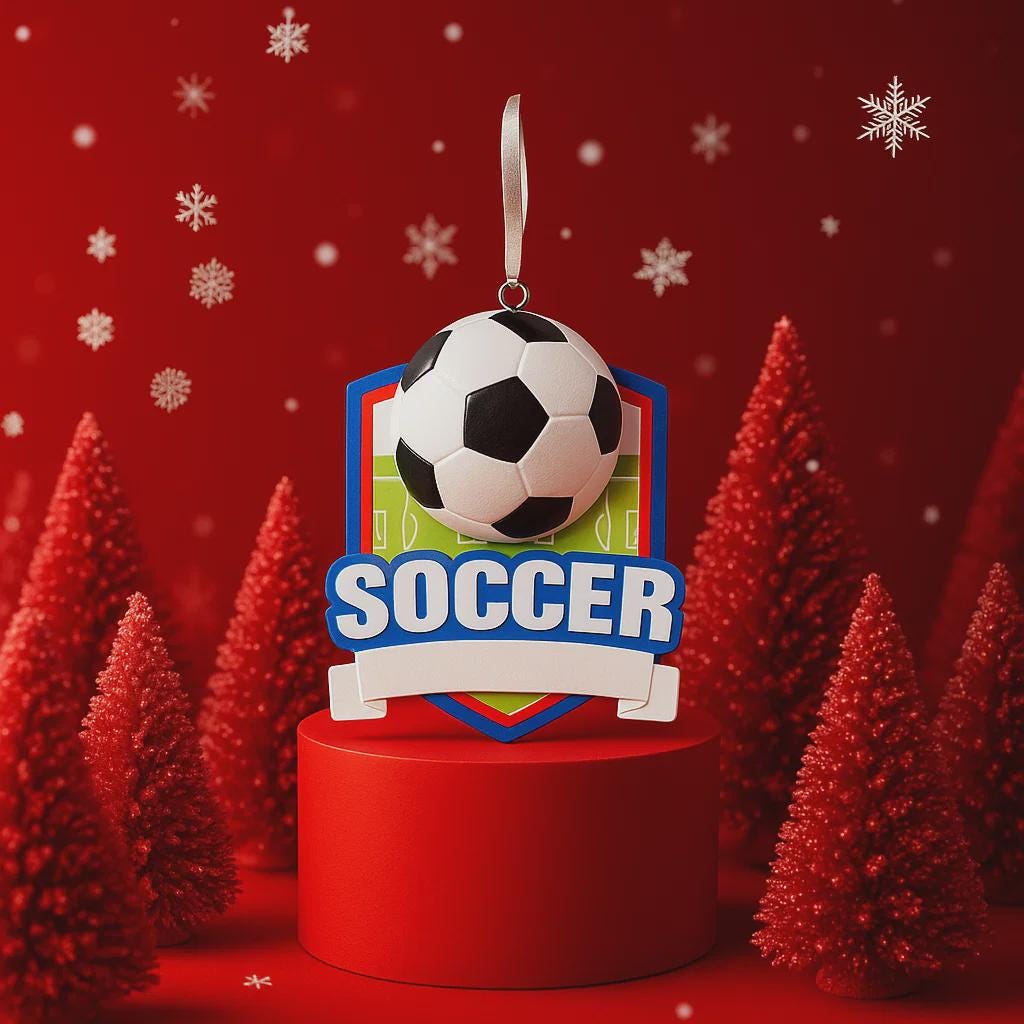 Personalized soccer Christmas ornament featuring a classic black and white soccer ball on a shield style background, customizable name area on the front banner and customizable year area on the soccer ball, glossy finish with raised 3D front details and flat 2D back, white hanging ribbon, displayed on a snowy soccer field themed holiday background with pine branches pinecones and festive decorations.