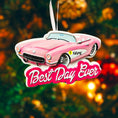 Load image into Gallery viewer, Personalized pink convertible car Christmas ornament with custom name detail and “Best Day Ever” text. This retro style pink car holiday ornament features raised 3D front details and a lightweight flat back design, perfect for Christmas tree décor. A fun keepsake gift for girls, car lovers, birthdays, graduations, or celebrating a special milestone during the holiday season.
