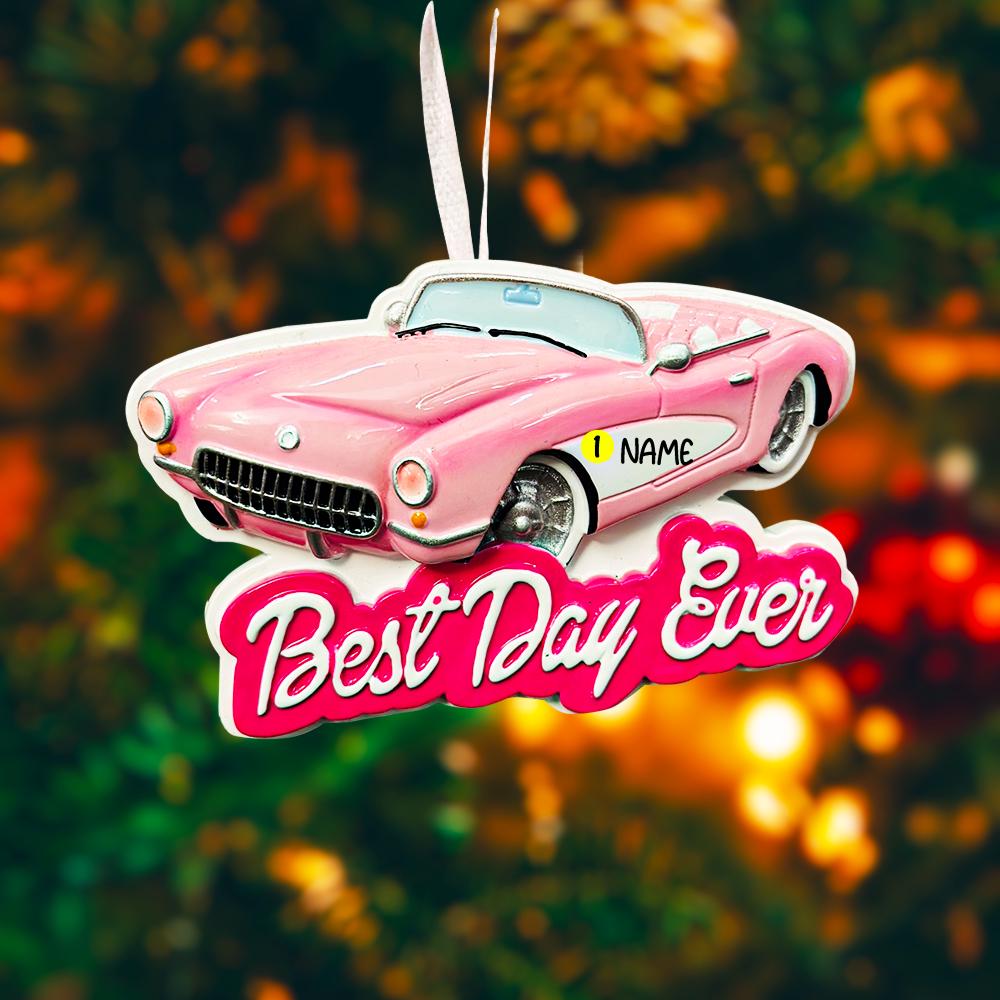 Personalized pink convertible car Christmas ornament with custom name detail and “Best Day Ever” text. This retro style pink car holiday ornament features raised 3D front details and a lightweight flat back design, perfect for Christmas tree décor. A fun keepsake gift for girls, car lovers, birthdays, graduations, or celebrating a special milestone during the holiday season.