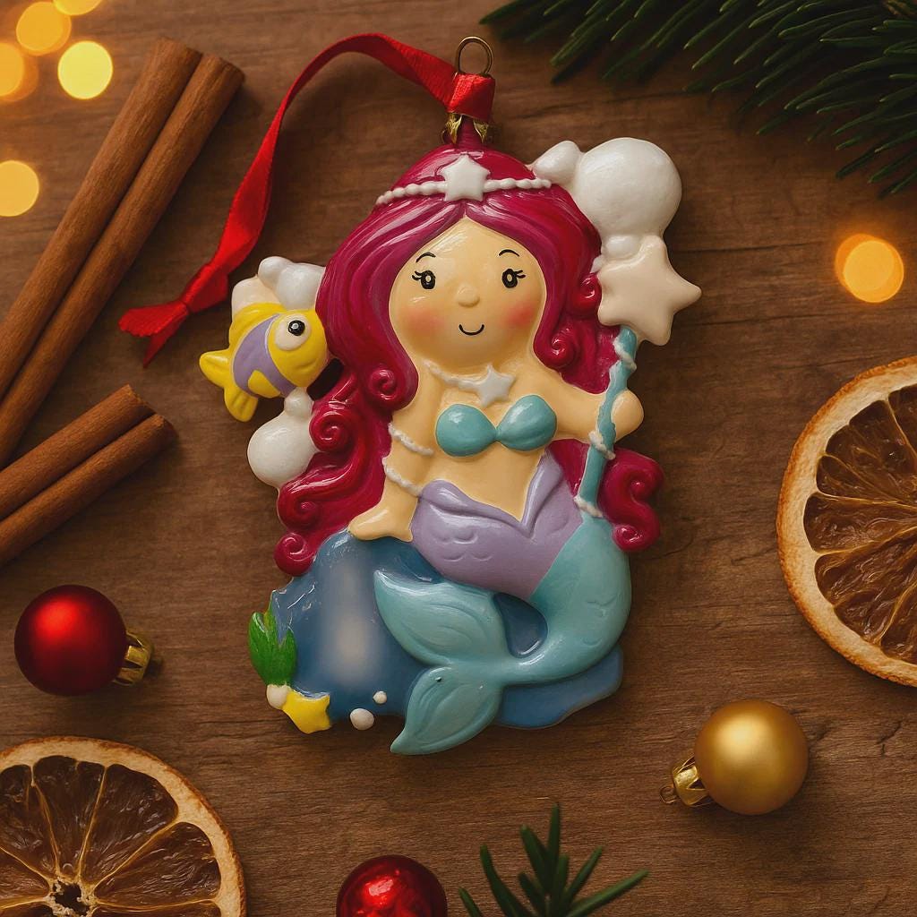 Personalized mermaid Christmas ornament with red curly hair, teal seashell top and purple tail, custom name and year holiday keepsake