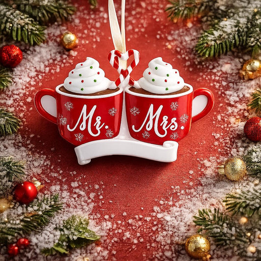 Romantic Mr and Mrs Christmas ornament featuring cozy hot cocoa cups design symbolizing love and togetherness. A perfect keepsake for newlyweds couples celebrating their first Christmas married. Ideal wedding gift holiday decor and meaningful seasonal ornament.