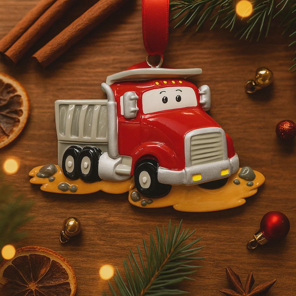 Red toy ornament on a wooden surface with Christmas decorations