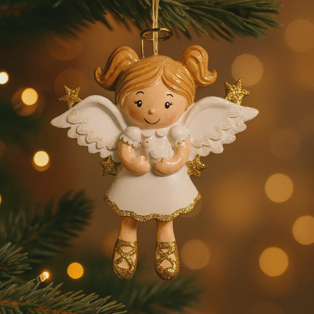 Decorative angel ornament with wings and a halo, hanging on a Christmas tree branch.