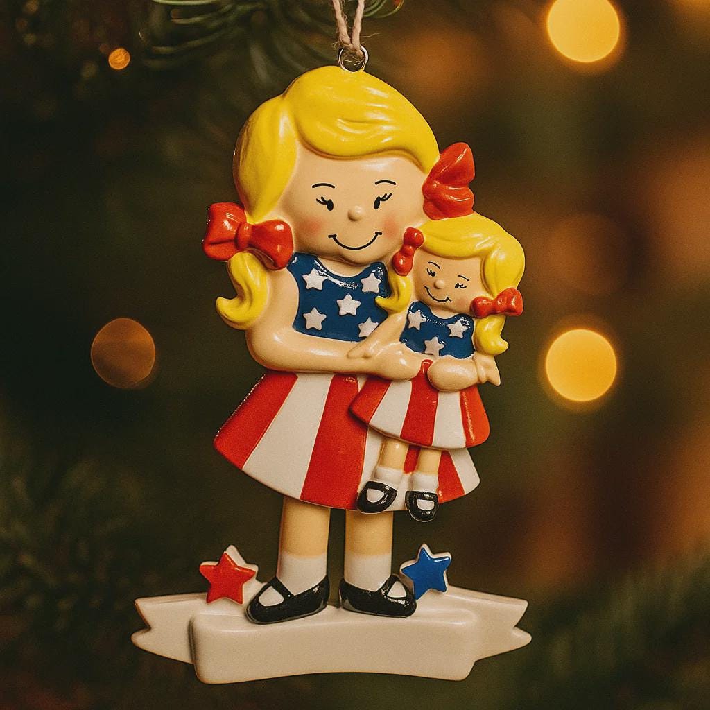 Decorative Christmas ornament of two girls in American flag dresses against a blurred Christmas tree background.