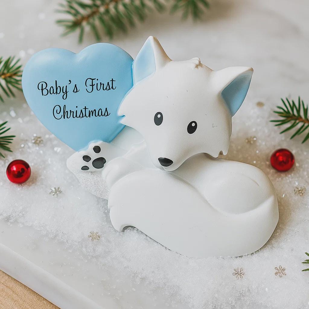 White fox figurine with a blue heart that says 'Baby's First Christmas' on a snowy background.