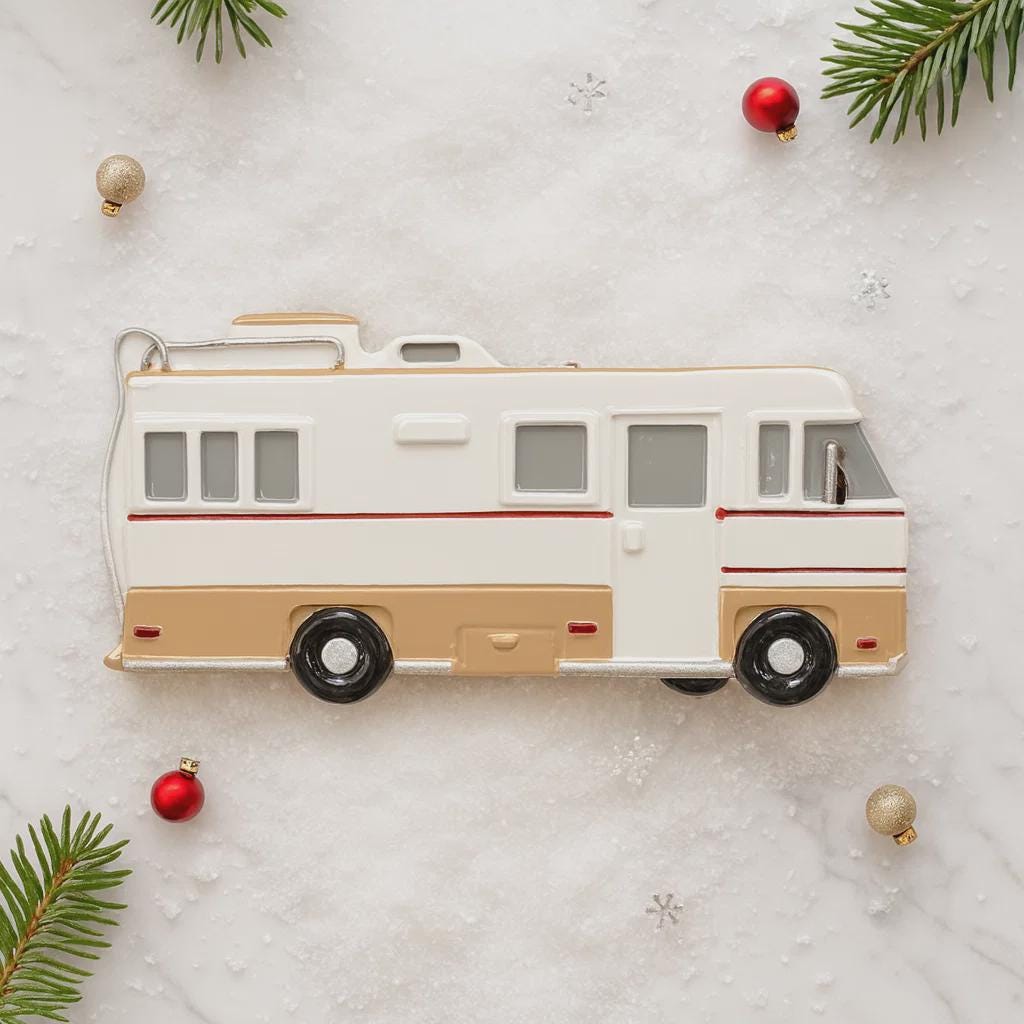 Decorative camper ornament on a snowy background with Christmas decorations.