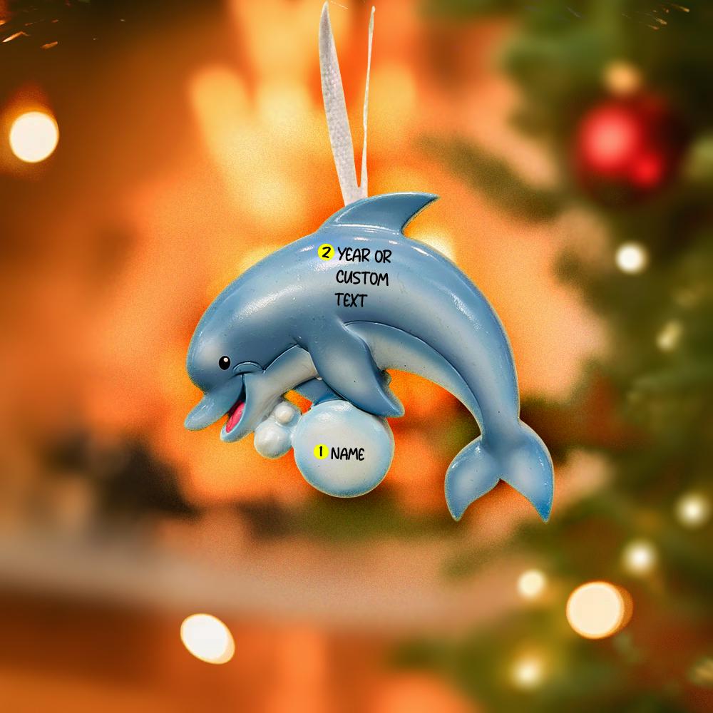 Personalized dolphin Christmas ornament with custom name and year, cute ocean themed holiday tree decoration