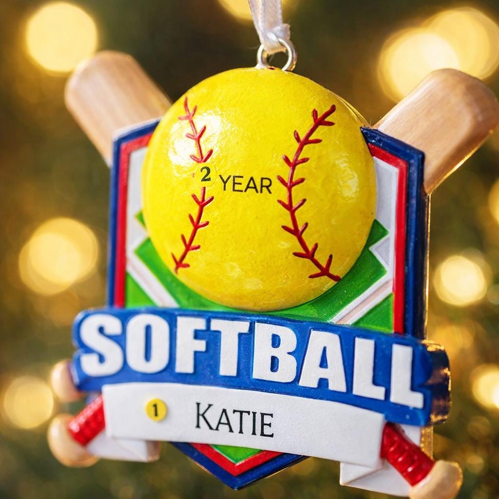 Personalized softball Christmas ornament featuring a yellow softball with stitched details and crossed bats design on a shield style background, customizable name area on the front banner and customizable year area on the softball, glossy finish with raised 3D front details and flat 2D back, white hanging ribbon, displayed on a snowy softball field themed holiday background with pine branches and festive decorations.