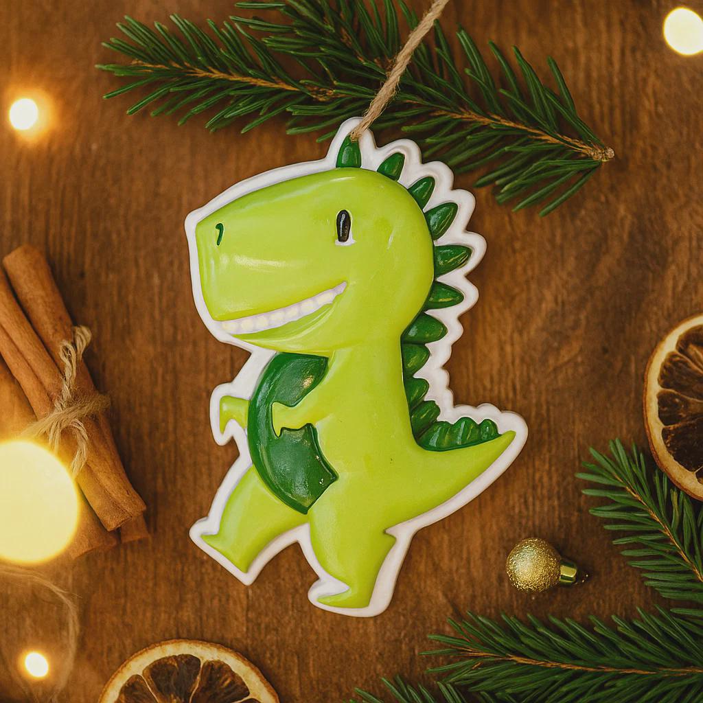 Personalized dinosaur Christmas ornament with a raised 3D front featuring a cute green dinosaur design and glossy detailed texture. The ornament has a flat 2D back for easy hanging and durability. Bright green color, playful smile, and sculpted spikes create a fun and eye catching look. Hand personalized with name and year. Perfect kids Christmas ornament, dinosaur themed holiday decor, and personalized keepsake gift.