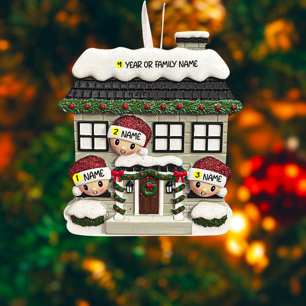 Personalized Christmas ornament with three children in front of a house, ready for customization.