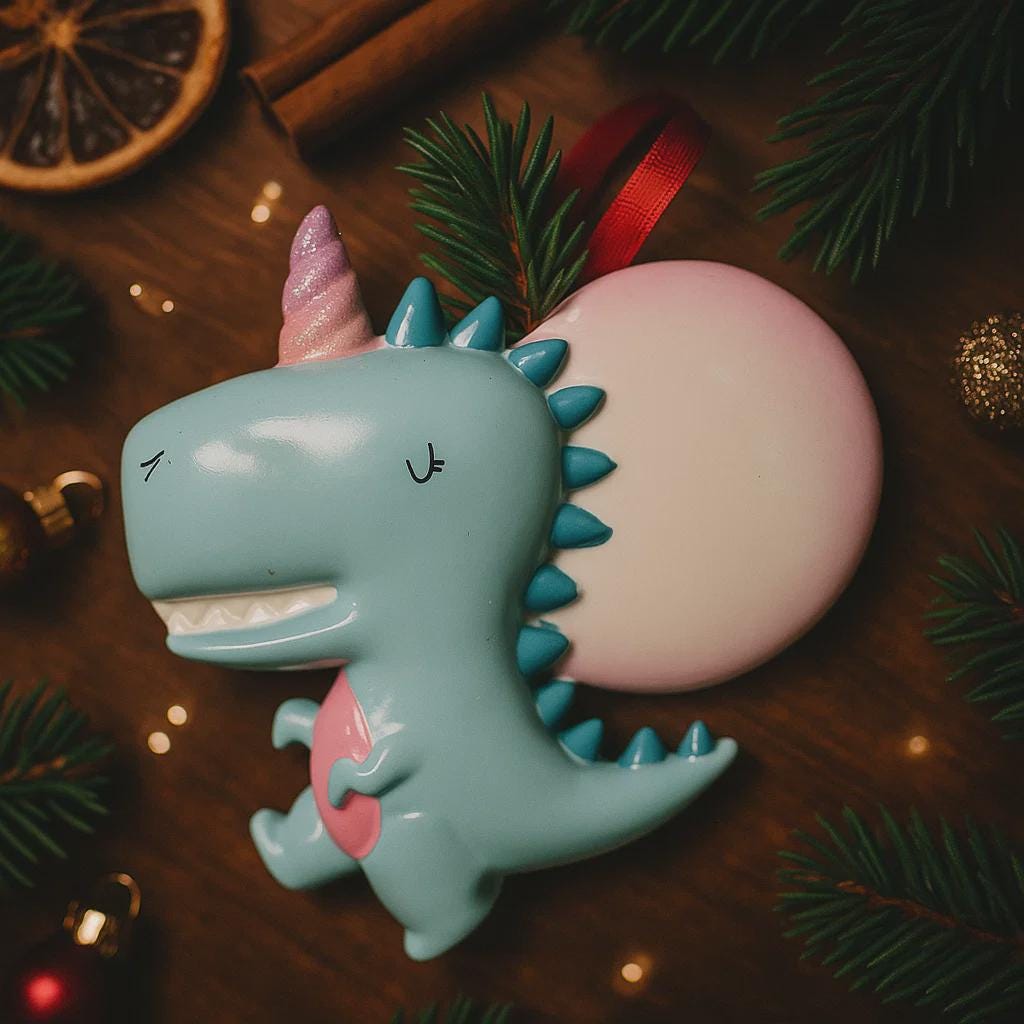 Decorative ornament shaped like a dragon with a unicorn horn on a wooden surface with Christmas decorations.