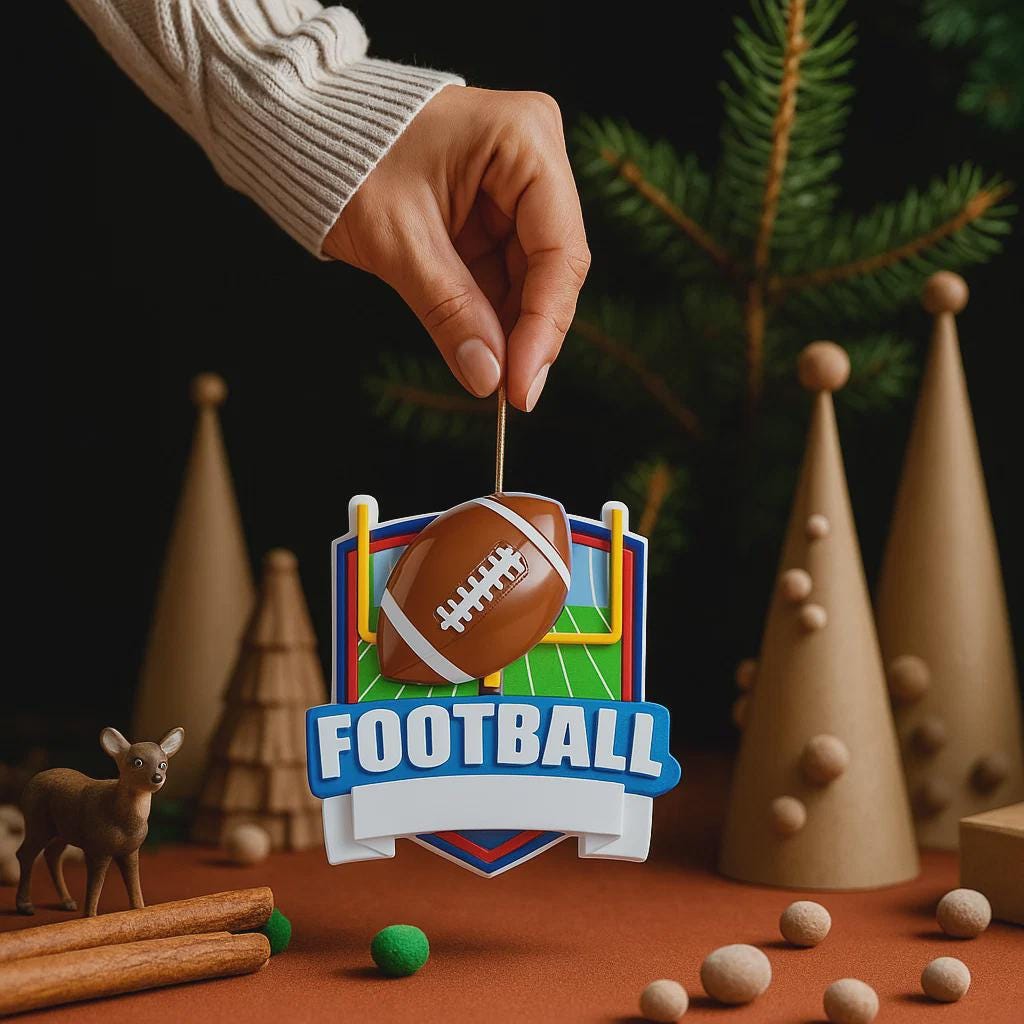 Personalized football Christmas ornament featuring a brown football with stitched details on a shield style background and goalpost design, customizable name area on the front banner and customizable year area on the football, glossy finish with raised 3D front details and flat 2D back, white hanging ribbon, displayed on a snowy football field themed holiday background with pine branches and festive decorations.