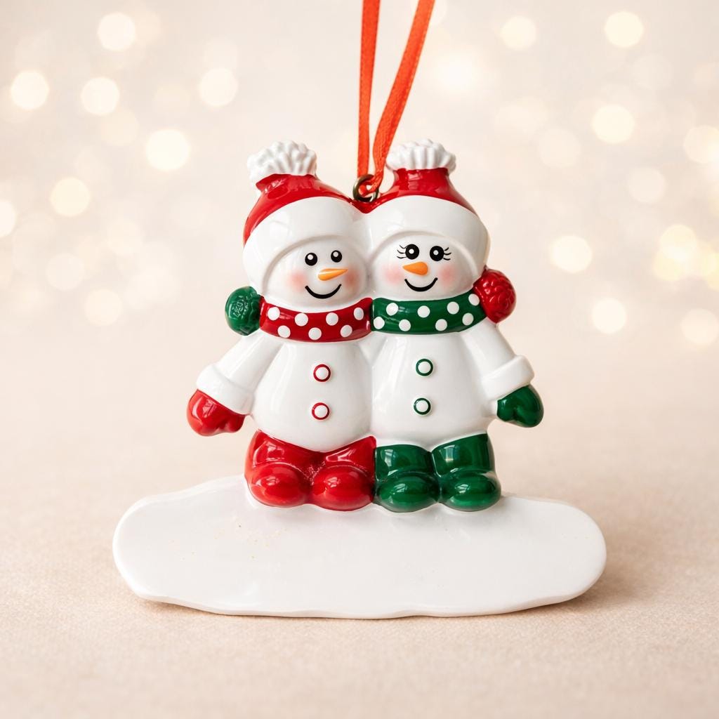Two snowman ornaments on a white base with a blurred light background