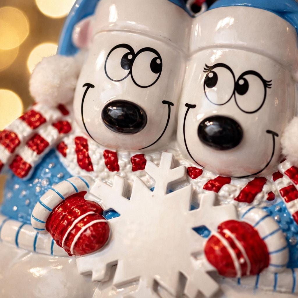 Two cartoon-style polar bears with red scarves and snowflakes, against a blurred festive background.