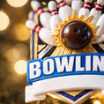 Load image into Gallery viewer, Bowling themed Christmas ornament featuring a raised 3D bowling ball striking detailed bowling pins on a shield style base. Personalized name and year placement is clearly visible on the front. Festive holiday styling with sports inspired details makes this ornament a perfect keepsake for bowling fans league players and Christmas tree decor.

