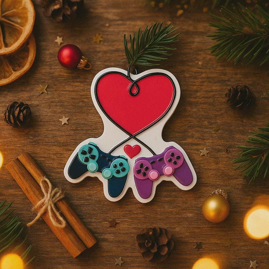 Gamer themed Christmas ornament featuring two game controllers connected with a heart design. Personalized with two custom names and a year or family name displayed on the ornament. Raised 3D details add texture and depth making it a unique holiday keepsake for gamer couples and gaming partners.