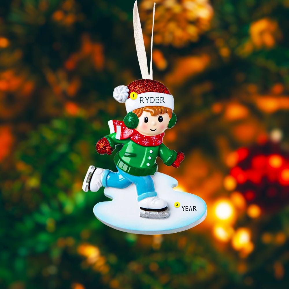 This personalized ice skating boy ornament features a cheerful winter skater wearing festive holiday clothing and gliding across an icy base. The design includes a custom name on the hat and a year displayed on the base, making it a perfect keepsake for celebrating winter memories, first Christmas moments, or a child’s love for ice skating and winter sports.

