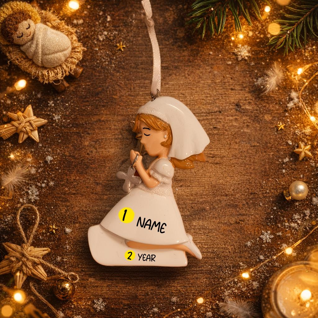 Decorative angel ornament with customizable text on a wooden background with Christmas decorations.