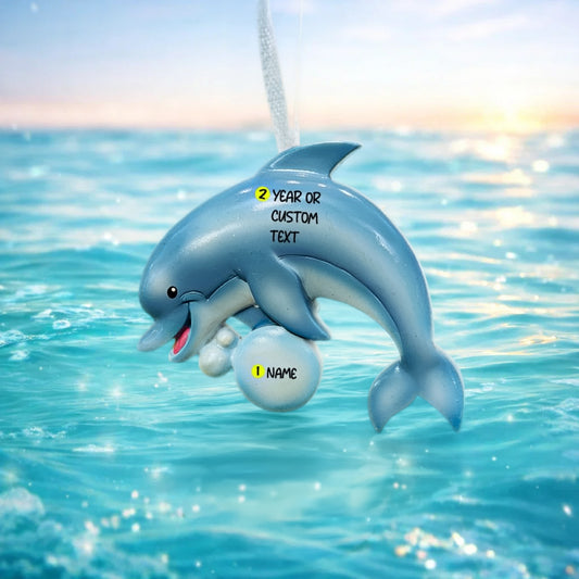 Personalized dolphin Christmas ornament with custom name and year, cute ocean themed holiday tree decoration