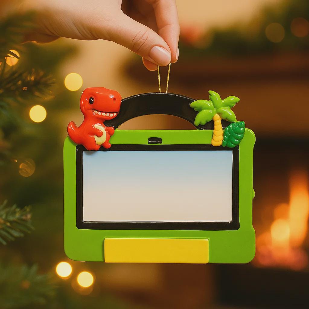Decorative ornament with a dinosaur and palm tree on a green frame, held against a festive background.