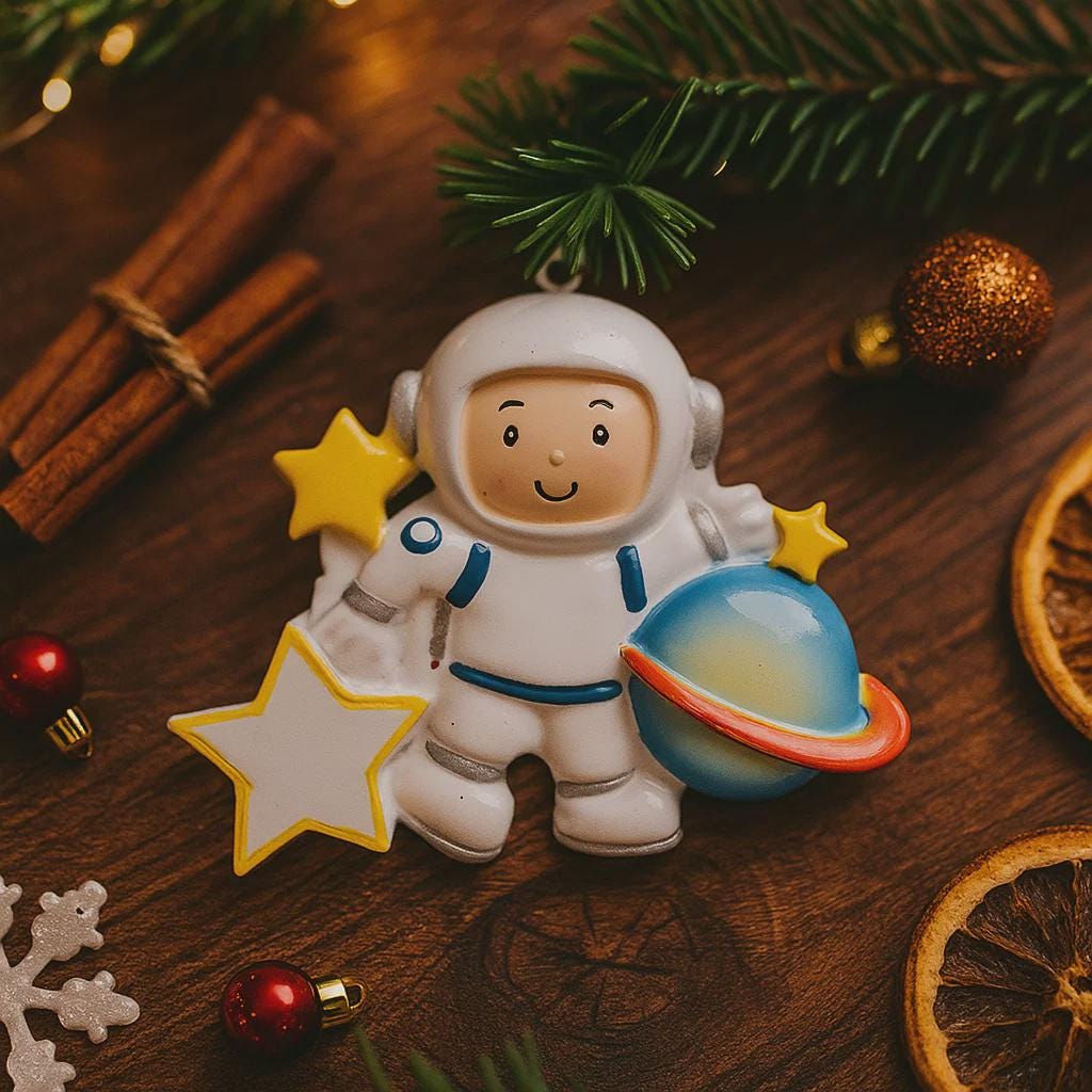 Personalized astronaut Christmas ornament featuring a detailed 3D front design with a smiling space explorer holding a colorful planet and bright yellow stars. The child’s name is added on the suit and the year is written on the star for a custom touch. This space themed ornament is perfect for kids who love rockets, planets, and outer space dreams. A fun and meaningful holiday keepsake for future astronauts and little space lovers.