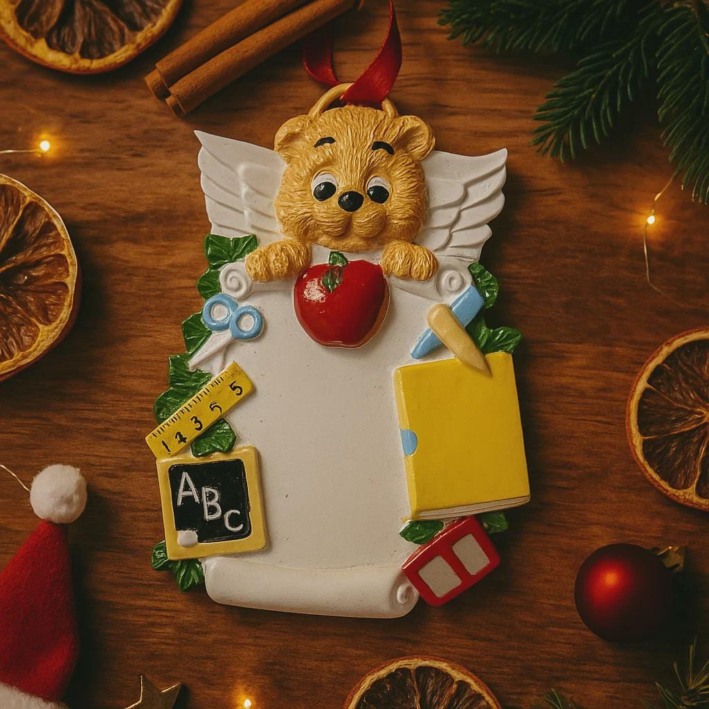 Decorative  teacher angel ornament with a teddy bear holding an apple on a wooden surface with Christmas decorations.