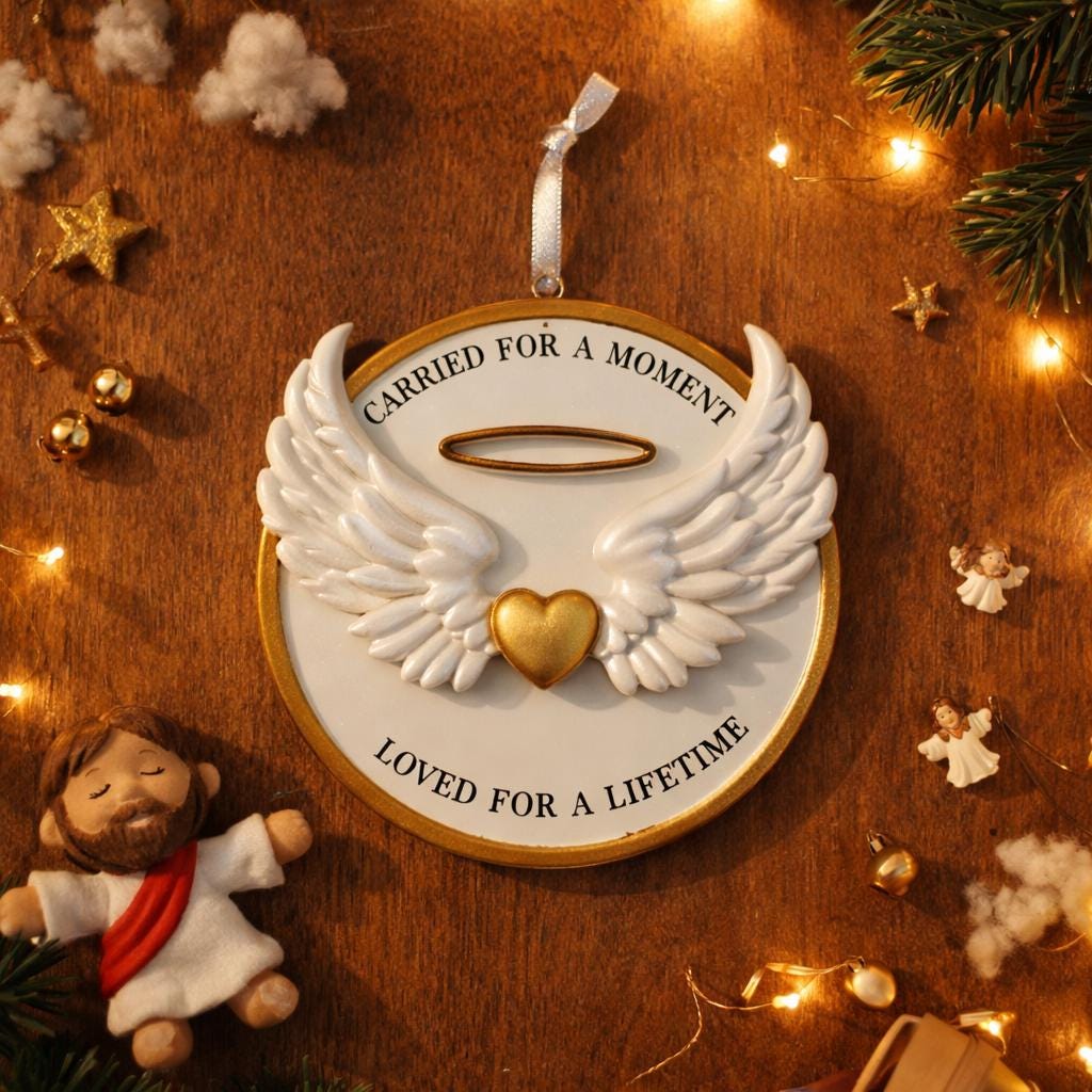 Decorative angel wing ornament with a heart on a wooden surface with Christmas decorations.