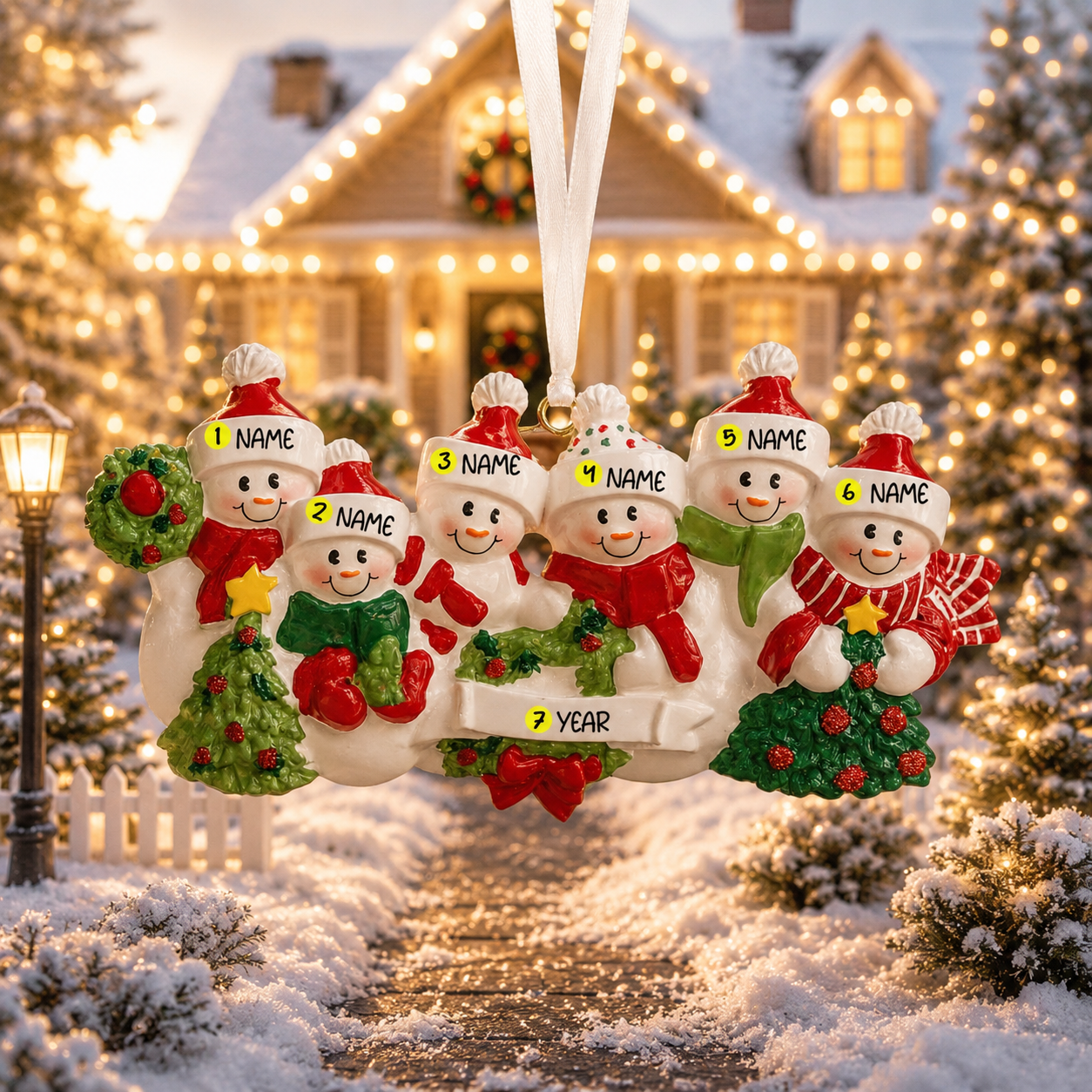 Snowman Family of 6 Christmas Ornament | Personalized Names and Year | Winter Tree Decor Keepsake
