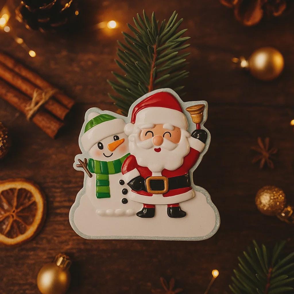 Personalized Santa and snowman ornament featuring a classic Christmas design with Santa holding a bell and a smiling snowman standing beside him. The ornament includes custom name and year personalization on the figures and base. Finished with a smooth glossy surface and detailed 3D front, it is designed for easy hanging on a Christmas tree. Perfect for festive holiday decor, family keepsakes, and seasonal gift giving.